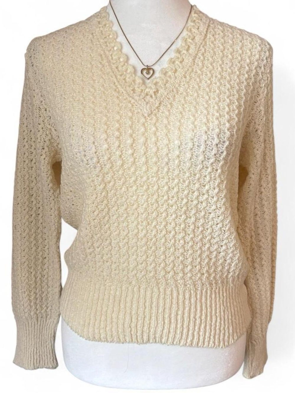 Vintage cream sweater size small open knit textured sweater v neck sweater